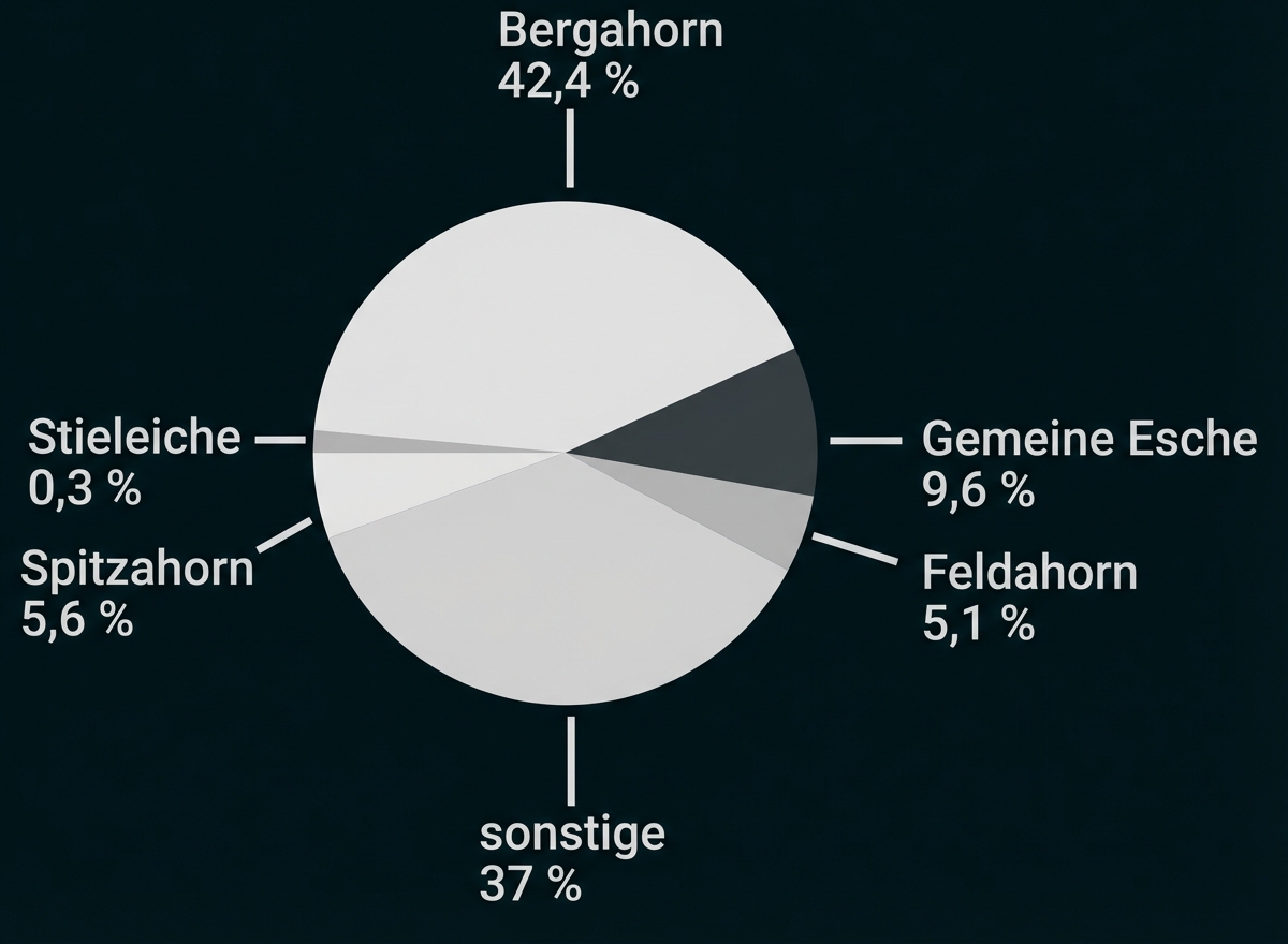 Kreisdiagramm: Bergahorn 42,4%; sonstige 37%; Gemeine Esche 9,6%; Spitzahorn 5,6%; Feldahorn 5,1%; Stieleiche 0,3%